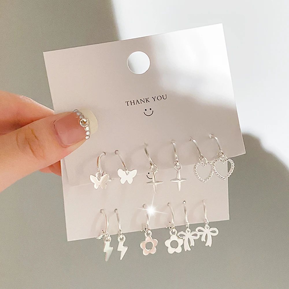 KINFOLK Cute Black Heart Bow Earrings Set For Women Girls Silver Color Star Cross Hoop Earrings Fashion Jewelry Party Gifts 2022