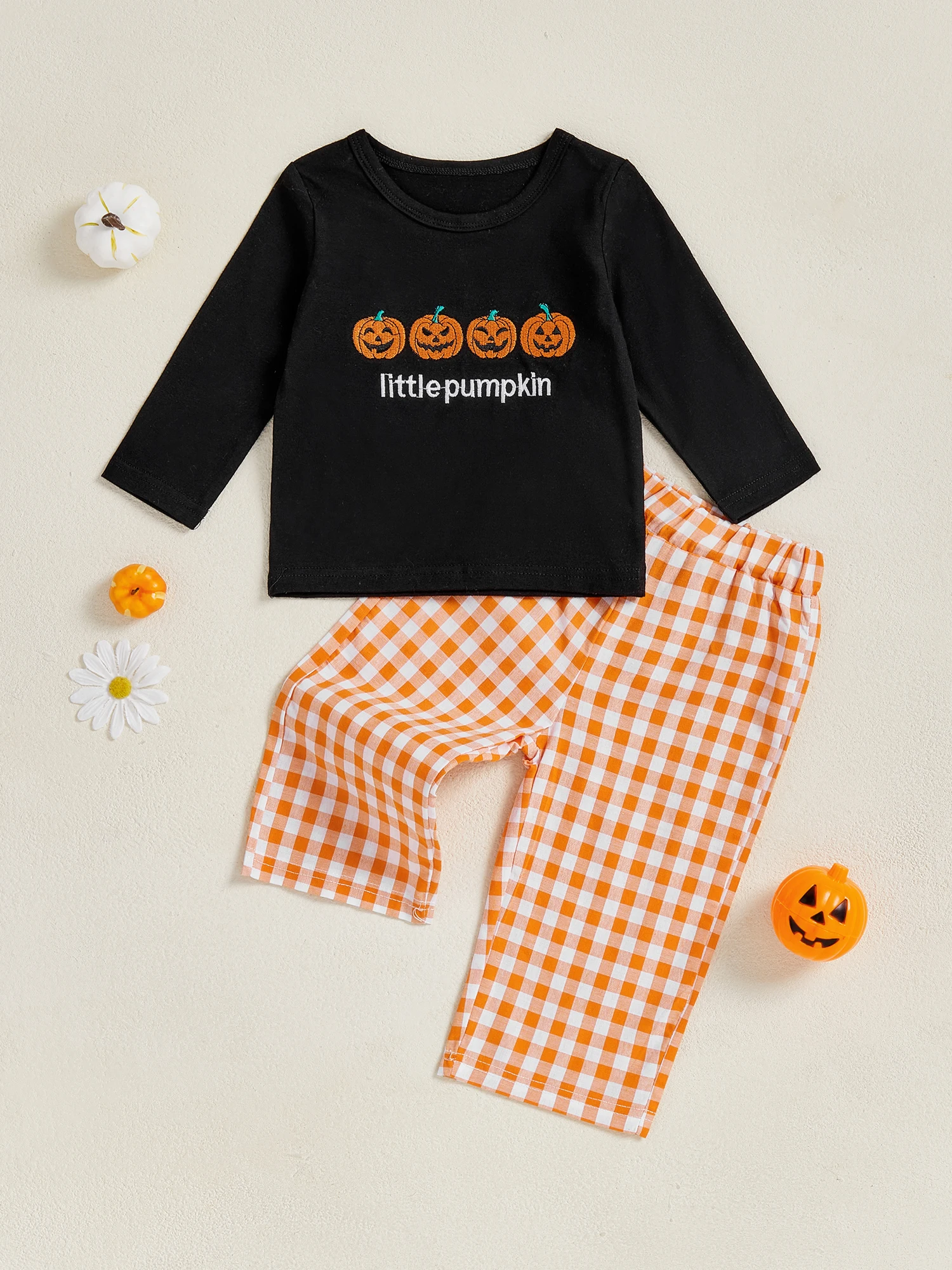 

Infant Halloween Costume Ghost Print Hooded Romper with Striped Pants 2 Piece Set for Baby Boy Girl