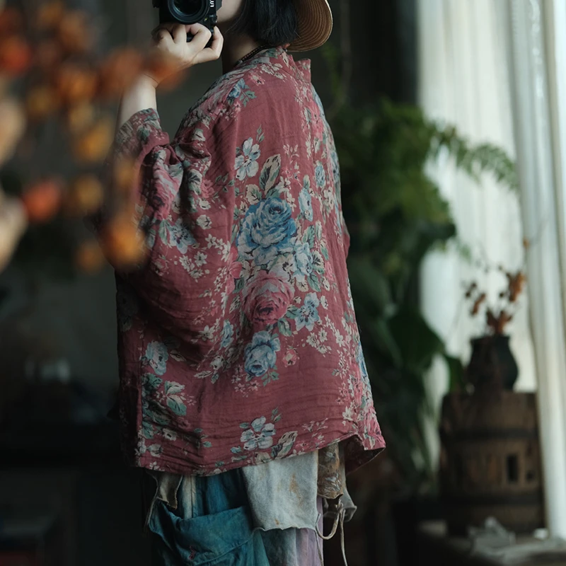 Oversized Women Casual Cotton Shirt New 2025 Spring Vintage Style Floral Print Loose Female Batwing Sleeve Tops Shirts M1391 - Image 5