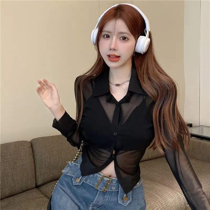 Shirts Women Sexy Sheer Summer Thin Designed New Trendy Hotsweet Simple Cropped Clothes Sun-proof Streetwear All-match Female