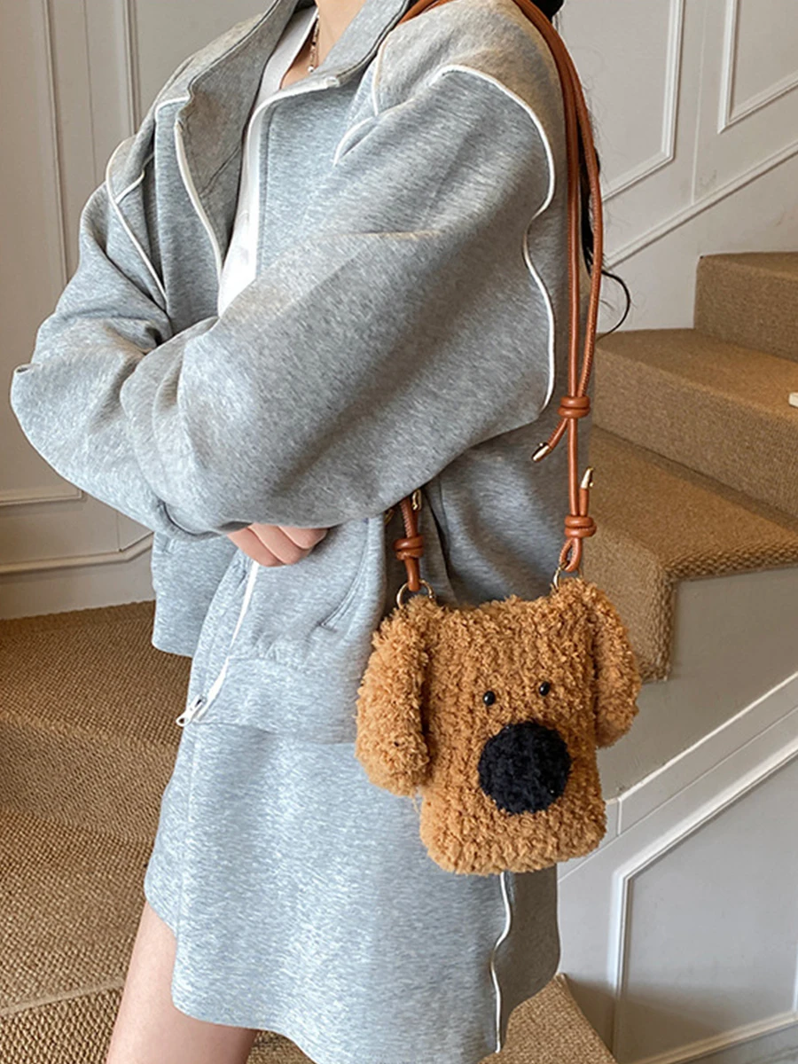 Korean Style Plush Dog Head Crossbody Phone Bag Women's Autumn Winter New Cute Versatile Single Shoulder Slant Bag Mobile Pho...