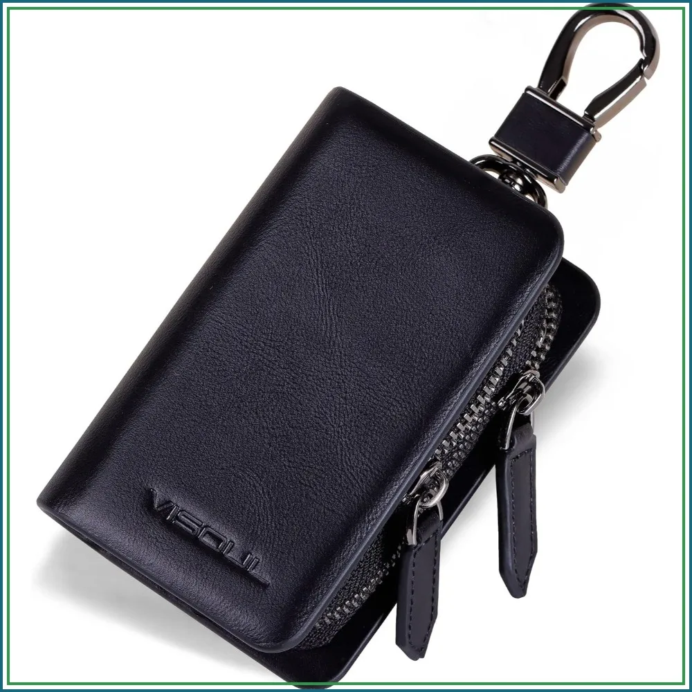 

Double Zipper Leather Car Key Fob Case with Keychain for Men and Women