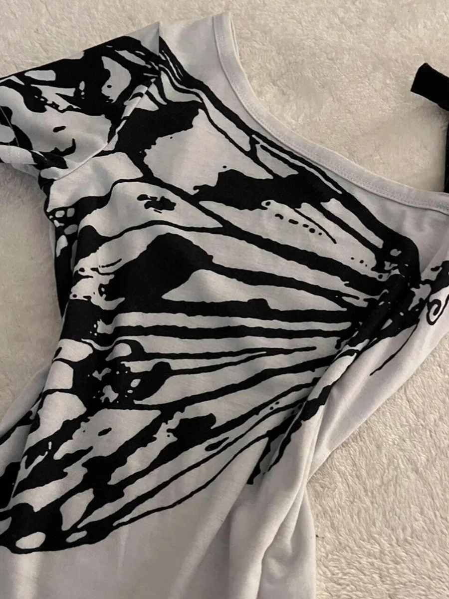 바오야오 걸 오리지널 아메리칸 레트로 나비 프린트 싱글 숄더 스트랩 탑 여성용 아름다운 티셔츠 면 반팔