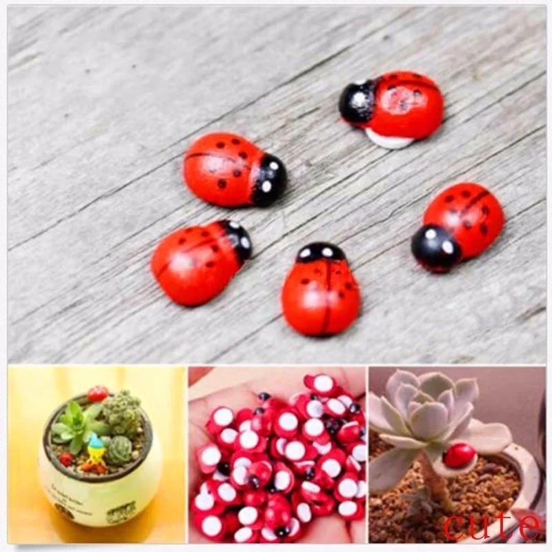 50pcs Miniature Micro Landscape Ladybug Beatles Ornaments Wooden Crafts DIY Small Garden Decoration