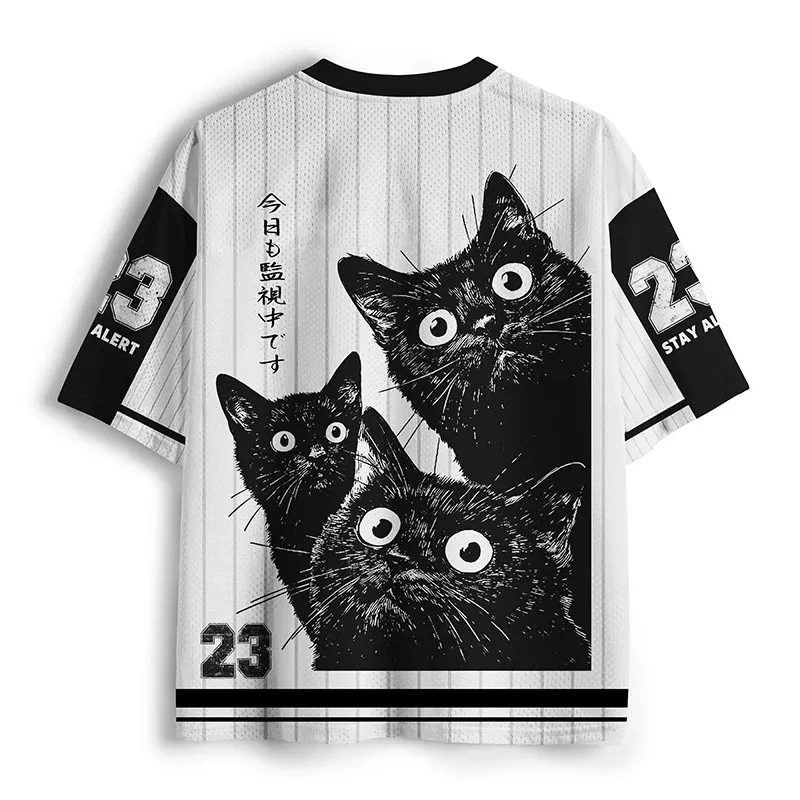 2026 New Summer Japanese Limited Edition Fun Cat Quick Drying Fitness Fashion Casual Outdoor Parent-child V-neck T-shirt