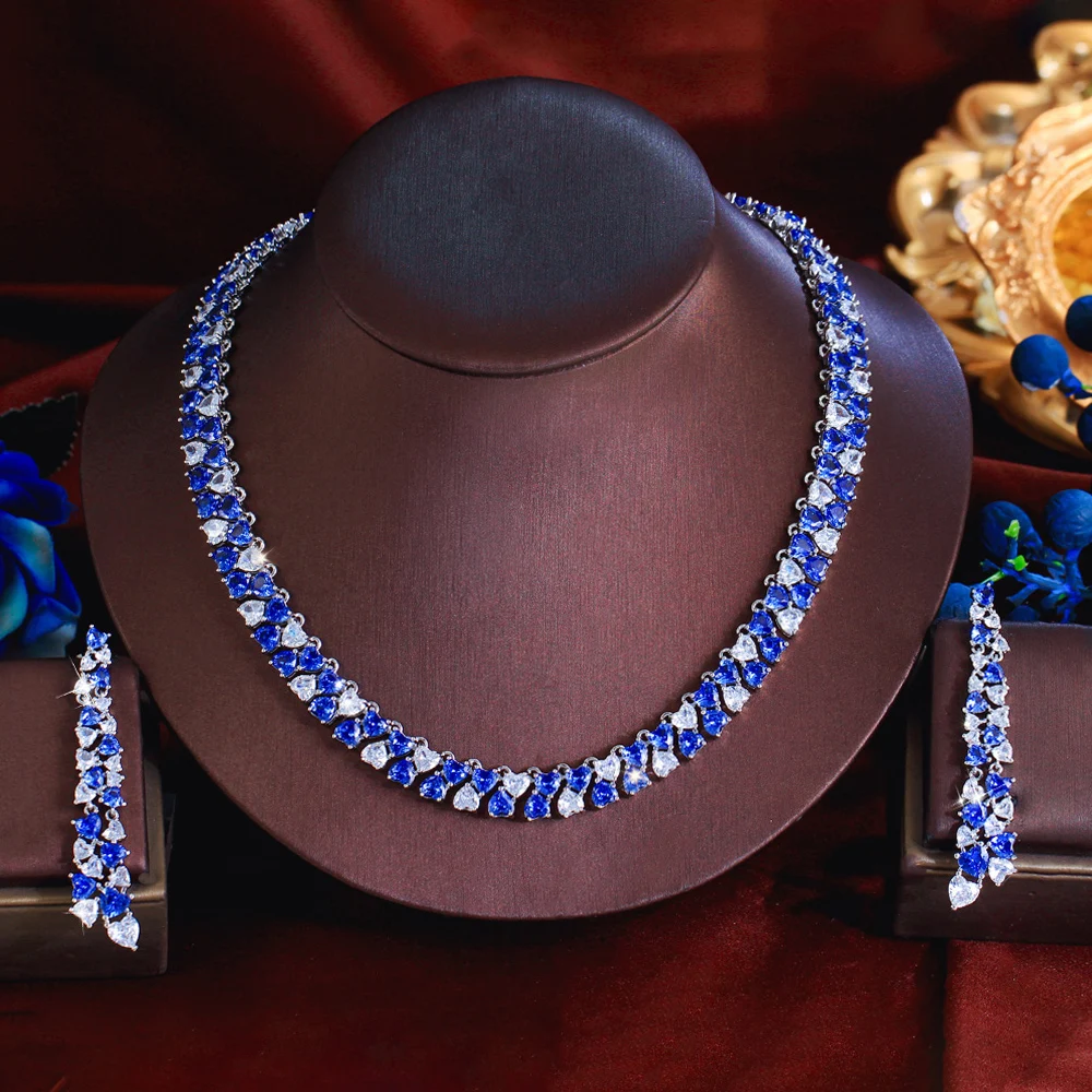 CWWZircons Luxuriöses Glänzendes Blaues CZ Herzförmiges Hochzeits-Bankett-Schmuckset mit Halskette und Ohrringen für Damen Großhandel T0972 – Detail 6