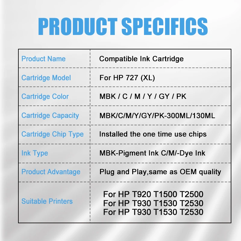 HW.FOREVER For HP 727 300ML Compatible Ink Cartridge For HP DesignJet T920 T1500 T2500 T930 T1530 T2530 Printer Ink Cartridges