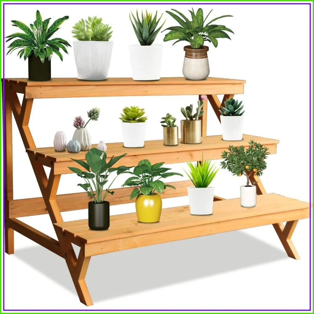 

3 Tier Wood Plant Stand Indoor Outdoor, Ladder Multi Tiered Plant Holder, Display Storage Shelf, 35.43"x23.62"x23.62", Stair Plant Stand