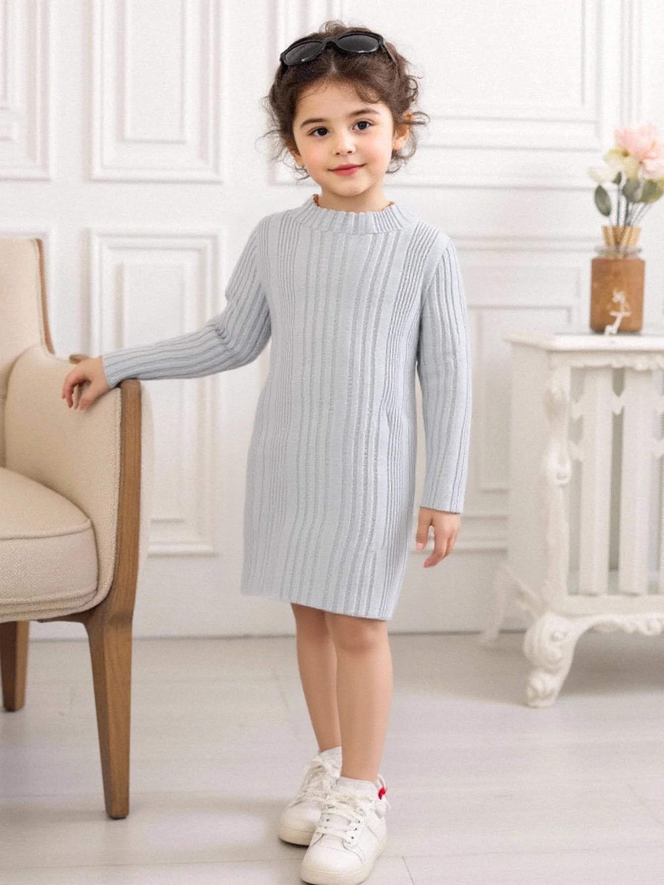 Einteiliges, langärmliges, geripptes, lässiges Modekleid für Mädchen mit Rundhalsausschnitt für Herbst und Winter (ohne Accessoires)