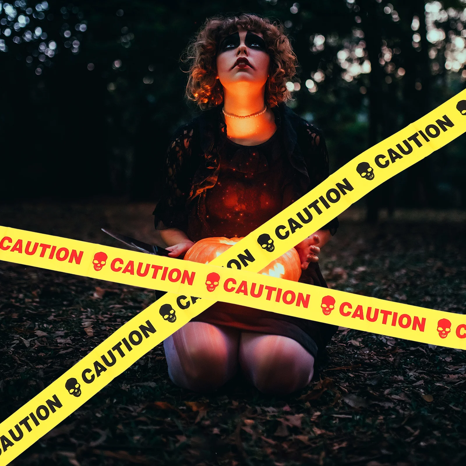 2Pcs Halloween Skull Patterned Yellow Caution Orange Warning Safety Warning Tape for Marking Construction Hazards and Halloween