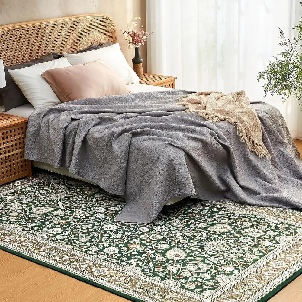 Vintage Cyan Boho Rug, 6x9, Washable & Non-Slip for Living and Dining Rooms