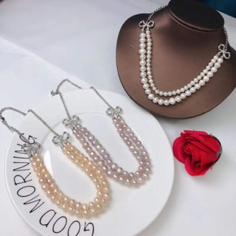 

Ожерелье из натурального жемчуга Цепочка на ключицу Двухслойная цепочка с бантом 6-8 мм Белый Розовый Фиолетовый Жемчуг Светлый Роскошный тренд