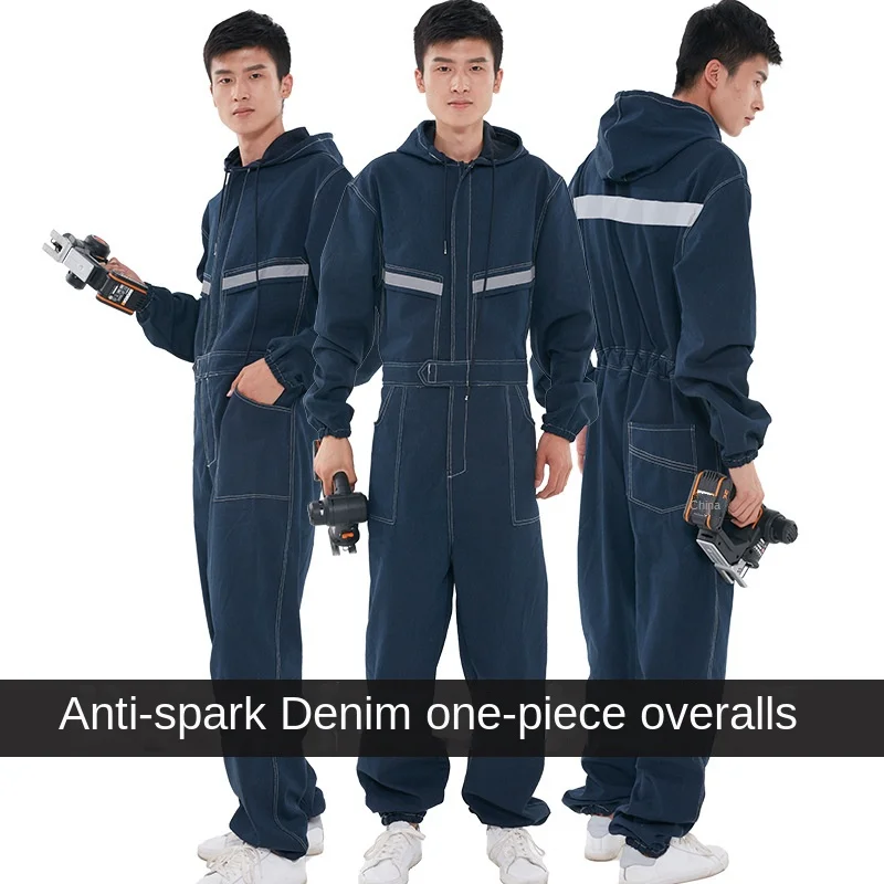 

One-piece Work Clothes Welder Spray-painted Denim Suit Work Clothes Reflective Strip Long-sleeved Labor Protection Clothing