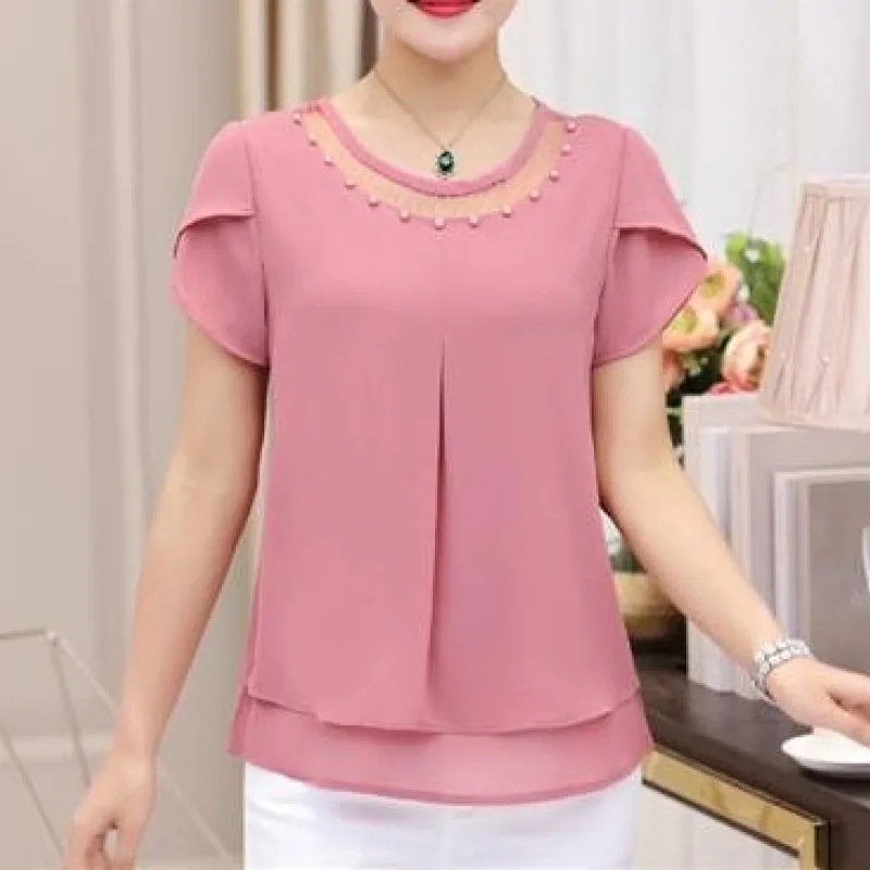 Women\'s Tshirt Summer Short Sleeve Large Chiffon Fashion Crew Neck Gauze Hollow Out Patchwork Blouse Loose Fashion Elegant Tops