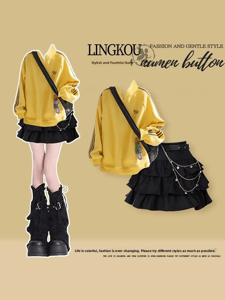 

plus Size American Sle Casual Outfit Women's Retro Stand Collar Slimming Puffy Cake ort Skirt Two Piece Set Autumn Wear