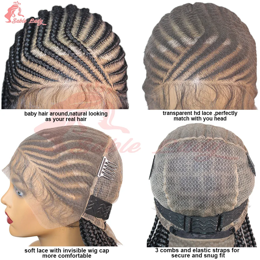 36Inch Full Lace Cornrow Braided Wigs Synthetic Knotless Braided Lace Wigs With Baby Hair For Black Women Fulani Braids Lace Wig