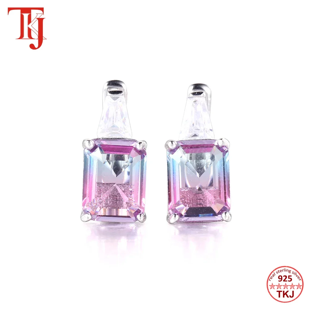 TKJ Bohemian Style Luxury Natural Tourmaline Earrings Square Real 925 Sterling Silver Stud Earrings For Women Beach Travel