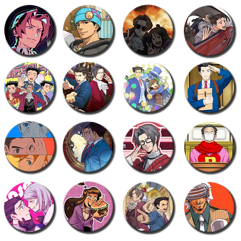 Anime Phoenix Wright Ace Attorney Trilogy Brooches Tinplate Pins for Backpack Accessories Maya Fey Miles Edgeworth Cartoon Badge