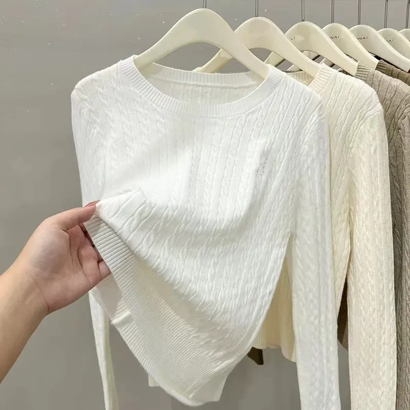 2024 Autumn/Winter New Long Sleeved Thin White Sweater Women Casual O-neck Knitted Tops Soft and Skin Friendly Pullover 31208