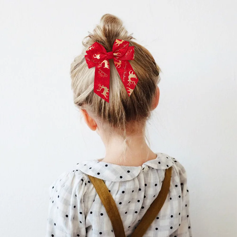 Pinzas para el pelo con estampado navideño, lazos de cinta, pasadores de Navidad para niña, horquillas para la cabeza, 200 Uds./lote