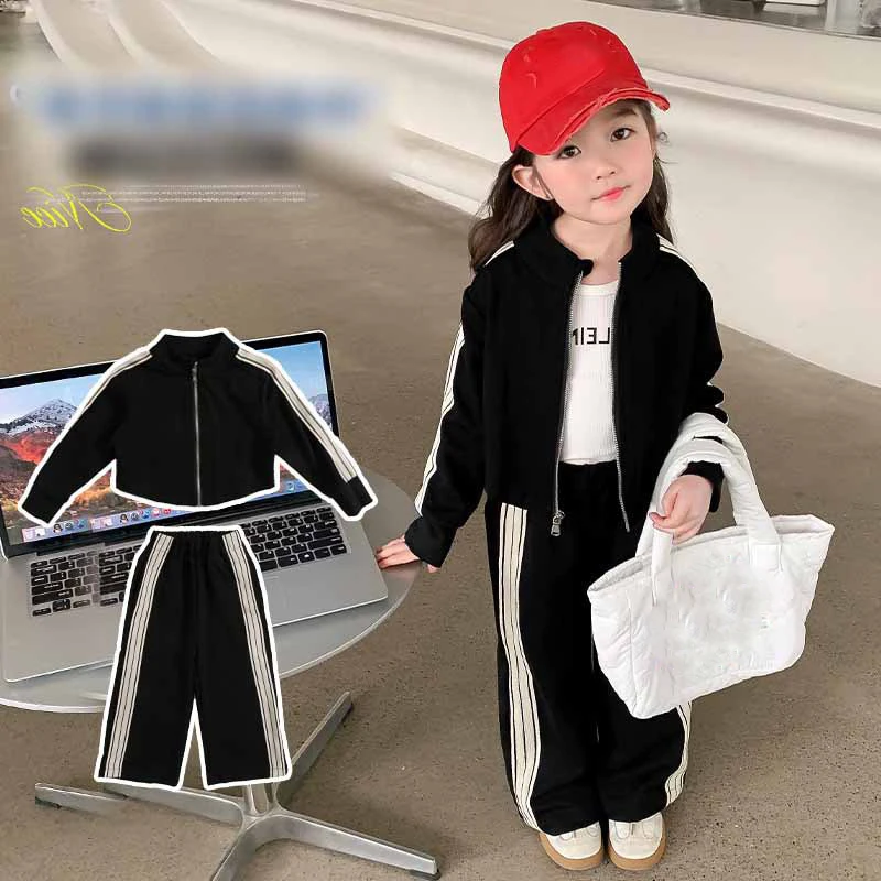 

Girls' Sports Set Autumn New Korean Simple Long Sleeve Cardigan Sweater Jacket+ Stripped Pants Fashion Casual Clothing Sets 2Pcs