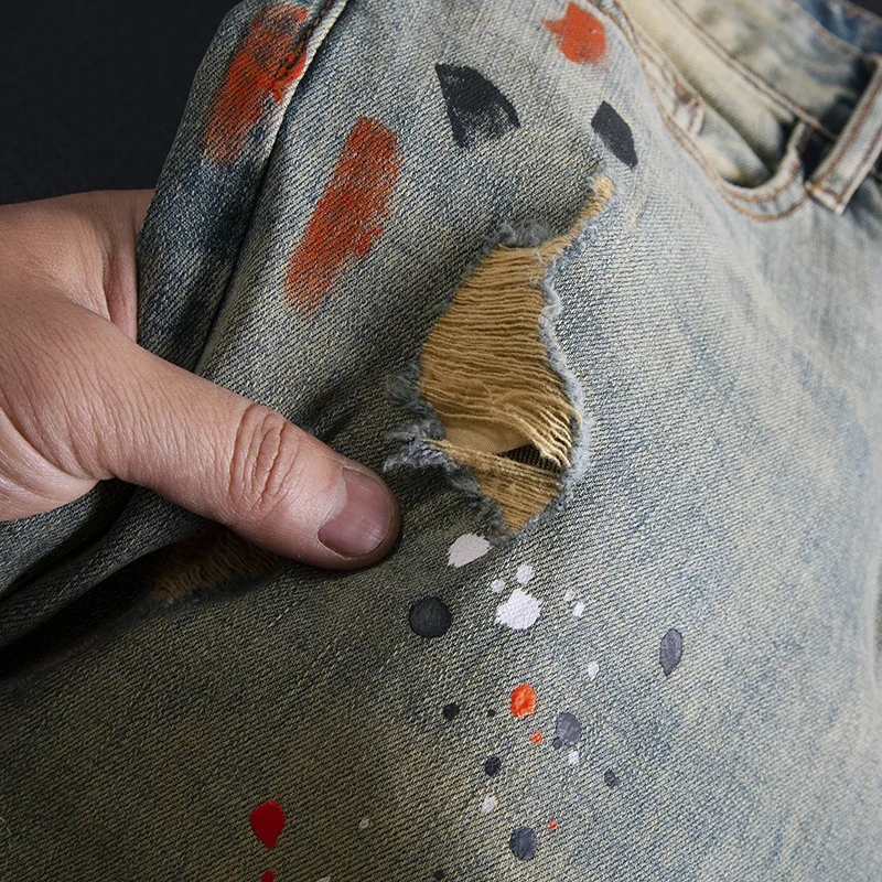 Splashed Ink Piercing Nine Point Jeans for Men, Slim Fit, Small Feet, Elastic Scratch Patch, Retro Trendy Denim Pants