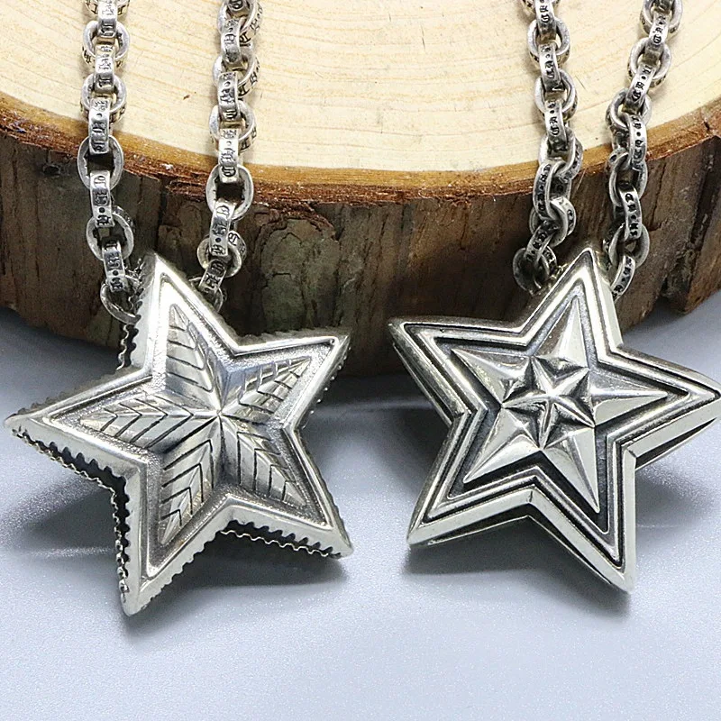 S925 sterling silver Japanese and Korean personality trendsetter retro pentagram pendant with long collarbone chain, sweater cha