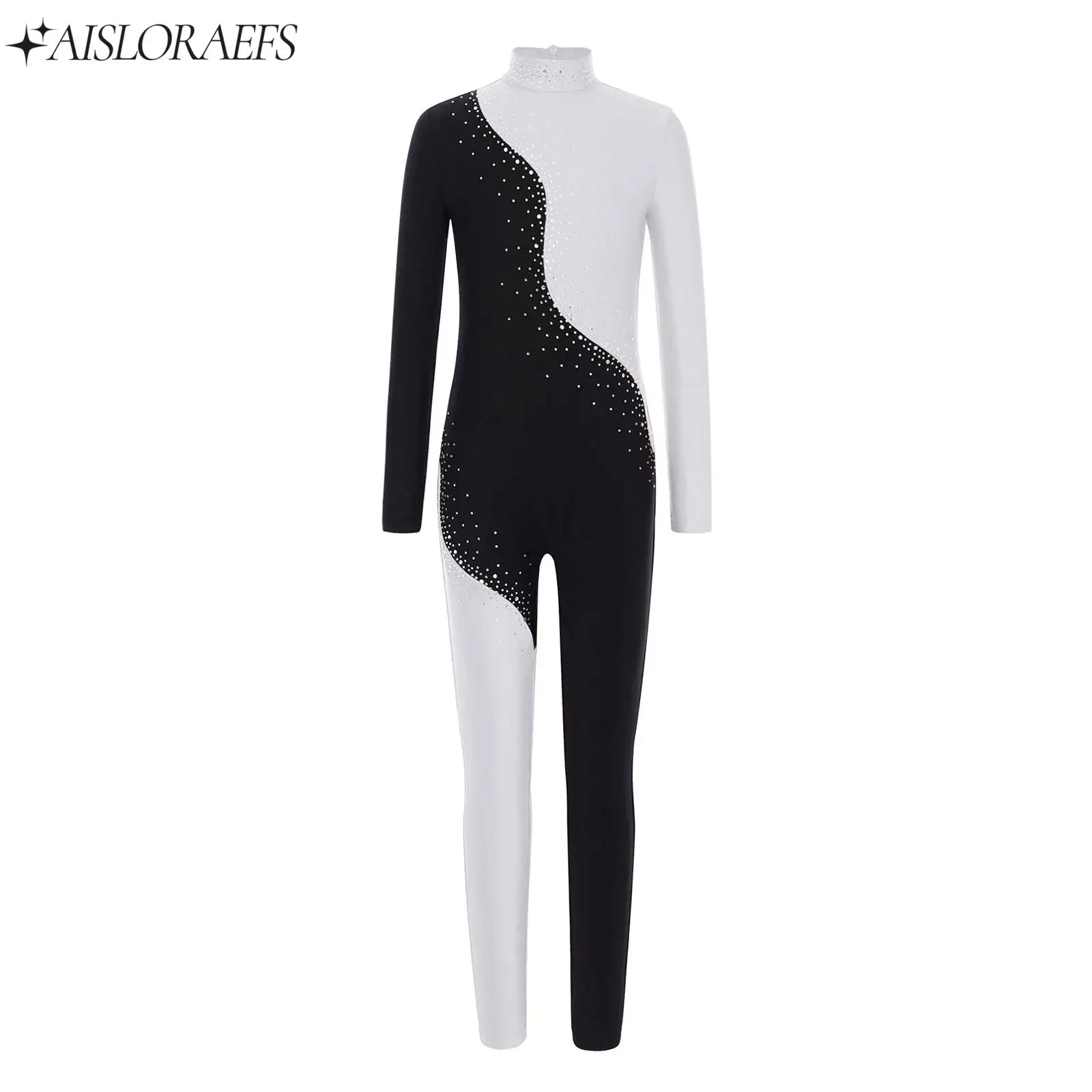 

Kids Girls Gymnastics Jumpsuit Shiny Rhinestones Figure Skating Bodysuit Long Sleeve Full Body Leotard for Ballet Modern Dance
