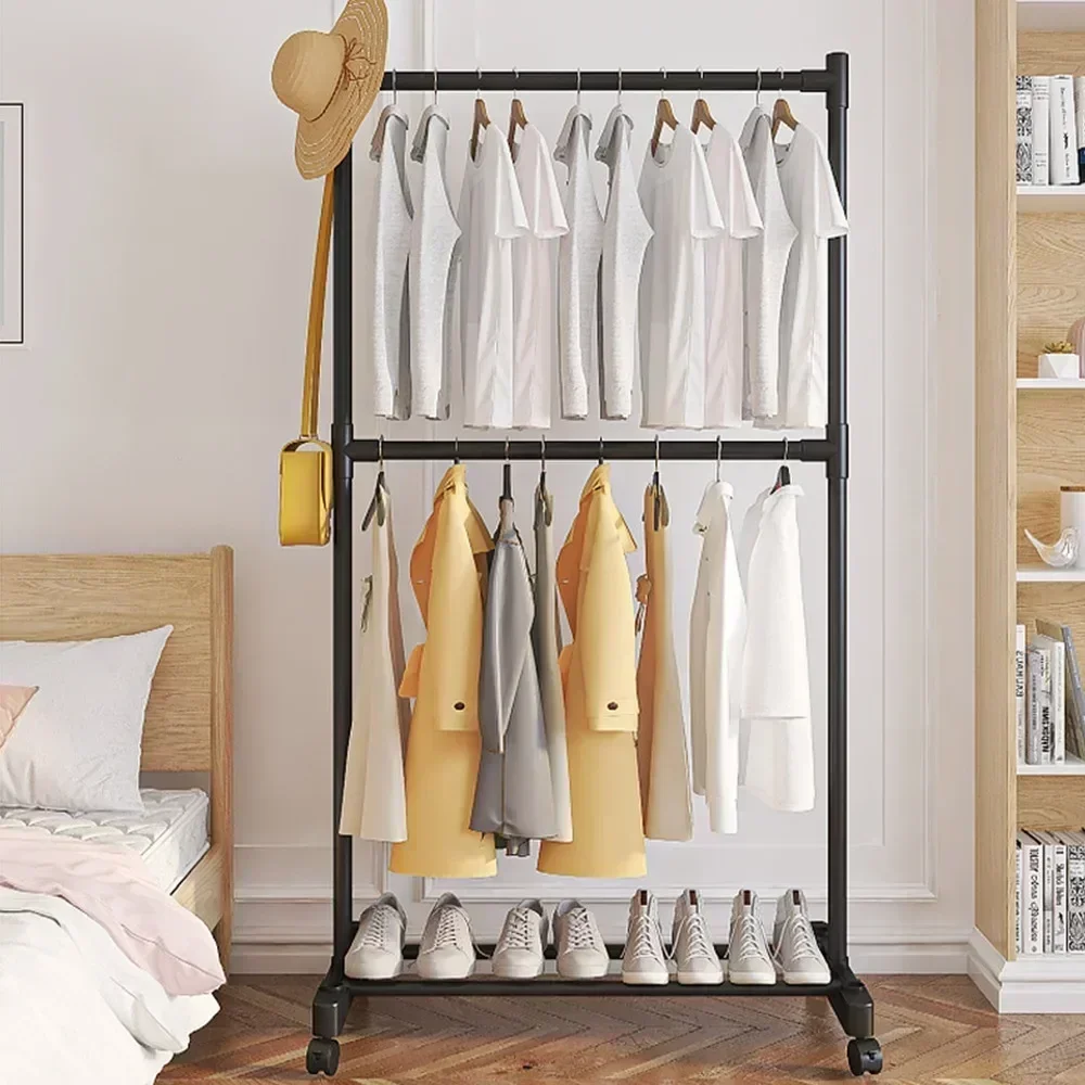 Double-pole Drying Rack for Clothes Bedroom Coat Rack Movable Wall Shelf Simple Shoes Storage Rack Large Clothes Hanger Stand