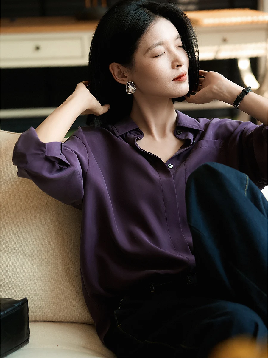 

Шелковая блузка Ele Silk Power Twill для женщин, свободный крой, длинный рукав, однотонная, приятная к телу, дышащая, цвет Dongfang Evening Purple