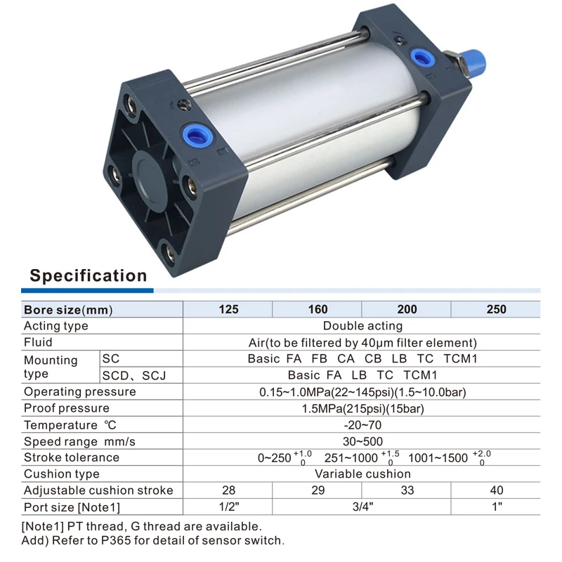 Sc Serie Standard zylinder sc125/160/200/250/320 Pneumatik zylinder kolben mit großer Bohrung großer Schub 25-1000mm Hub doppelt wirkend – Detail 7