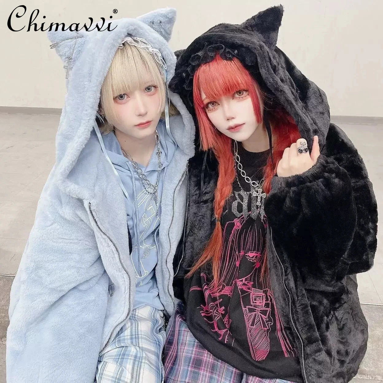 Japanese Mine Series Cute Cat Ears Plush Jacket Autumn Winter Fashion Sweet Subculture Imitation Rabbit Fur Long-sleeved Coat