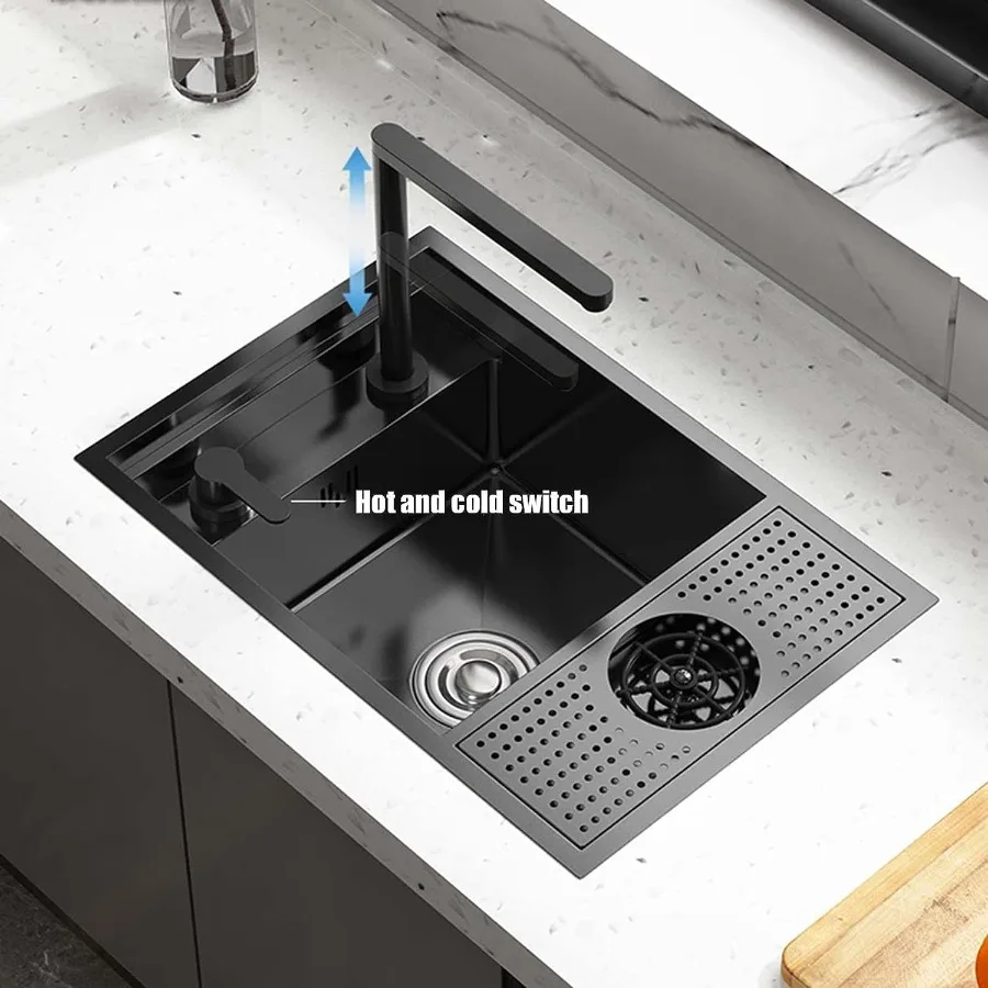 نانو أسود 23 بوصة مخفي المطبخ بار مقهى RV شرفة 304 حوض الفولاذ المقاوم للصدأ مع صنبور لأعلى ولأسفل ومجموعة شطف الزجاج ل