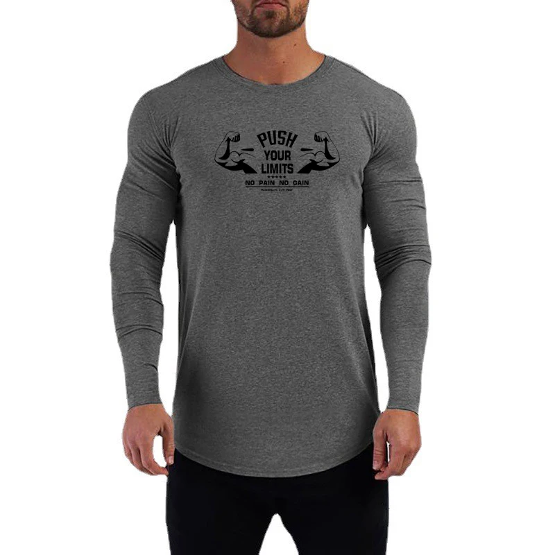Men'S Autumn Winter Breathable T-Shirt Cotton Muscle Gym Workout Long Solid Print Fitness Casual Slim Fit Sportswear For Jogging