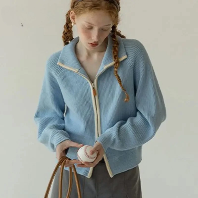 

Women's Collar Zipper Knitted Cardigan Sweater Autumn Warm Top Female Long Sleeved Outerwear Vintage Thin Coat
