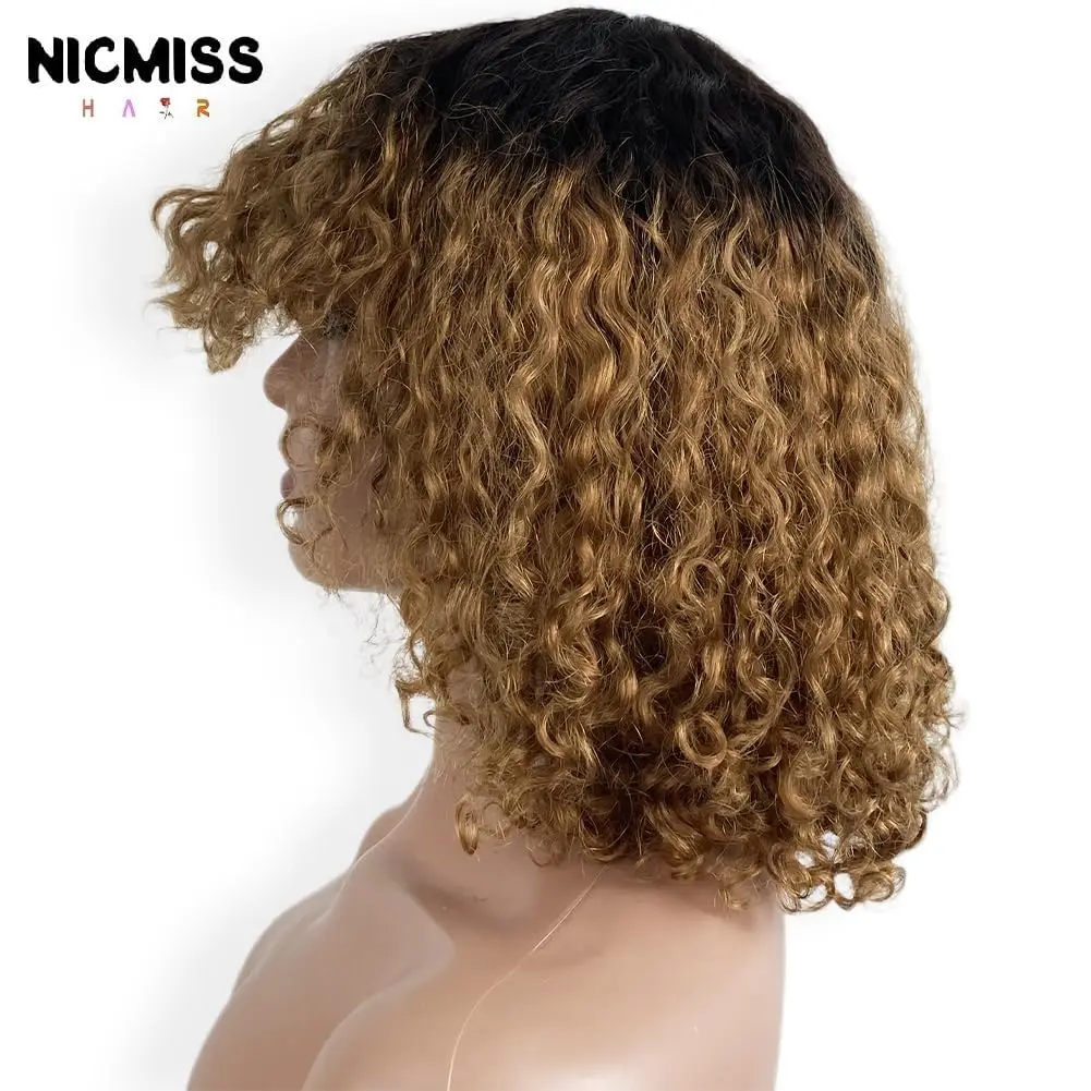 14インチ ブラウン ショートボブウィッグ 人毛 2x1 ディープウェーブ 前髪付き ノンレースフロントウィッグ 2x1 レミーブラウンカラー カール人毛ウィッグ