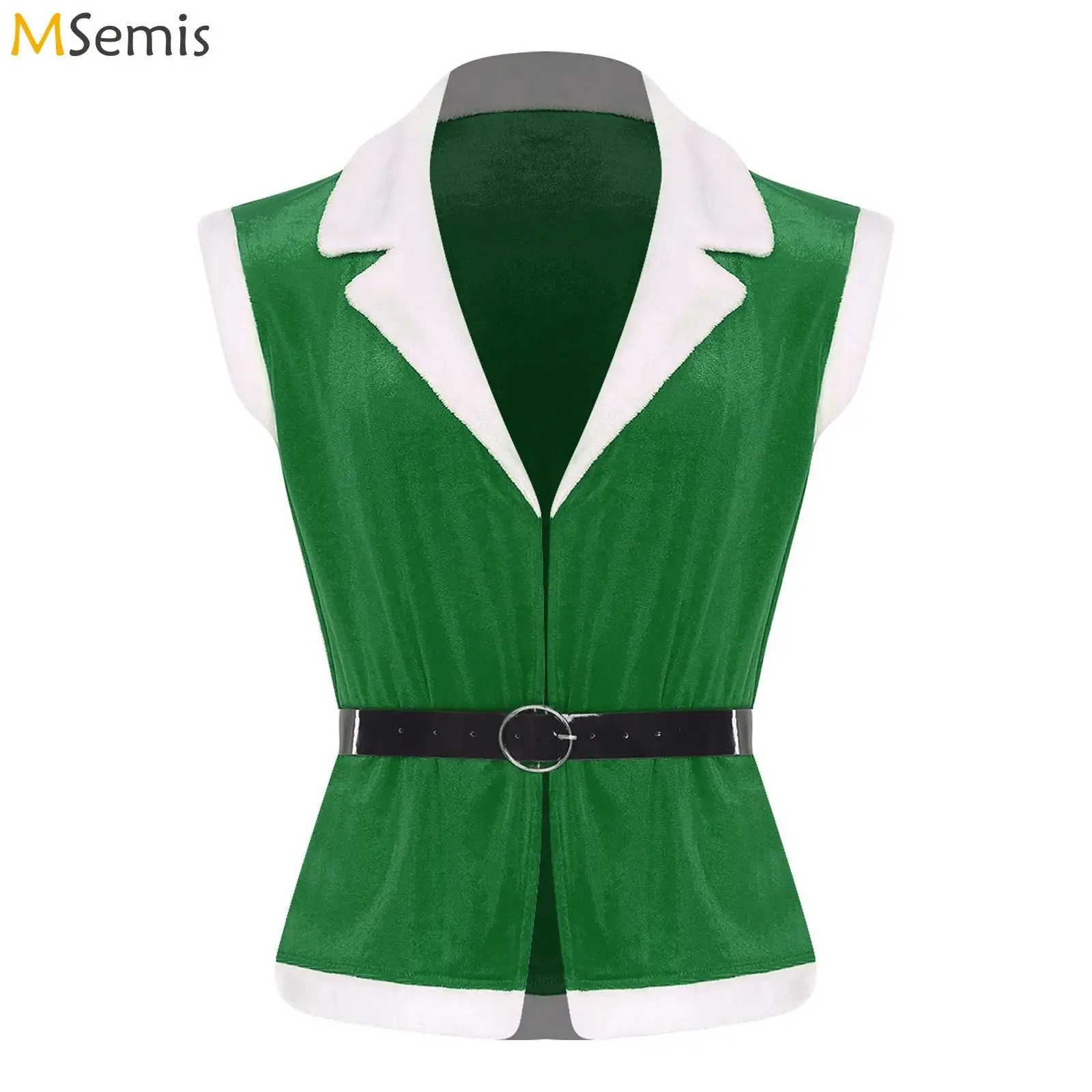 

Mens Christmas Xmas Santa Claus Vest with Adjustable Faux Leather Belt Notched Collar Open Front Velvet Tank Top Cosplay Costume