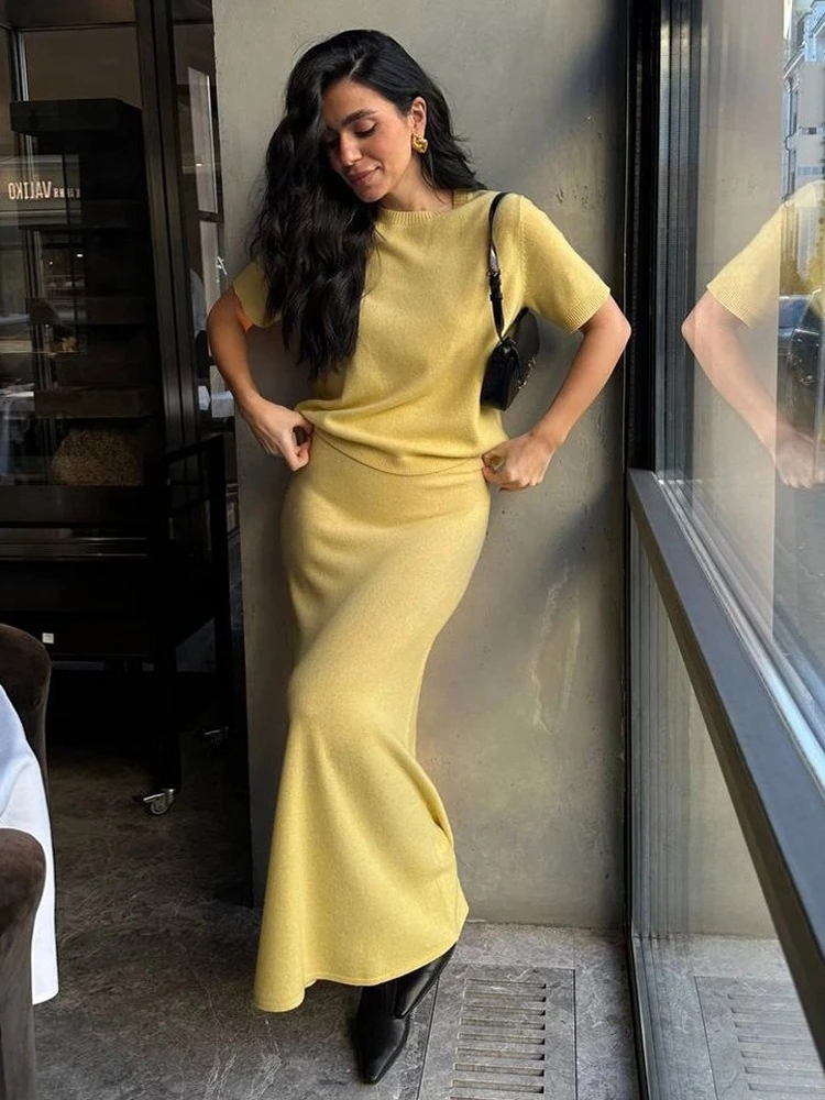 

Minimalist Knit Skirt Set for Women – Summer Work or Travel 2 Piece Outfit with Short Sleeve Sweater Top and Flared Maxi Skirt