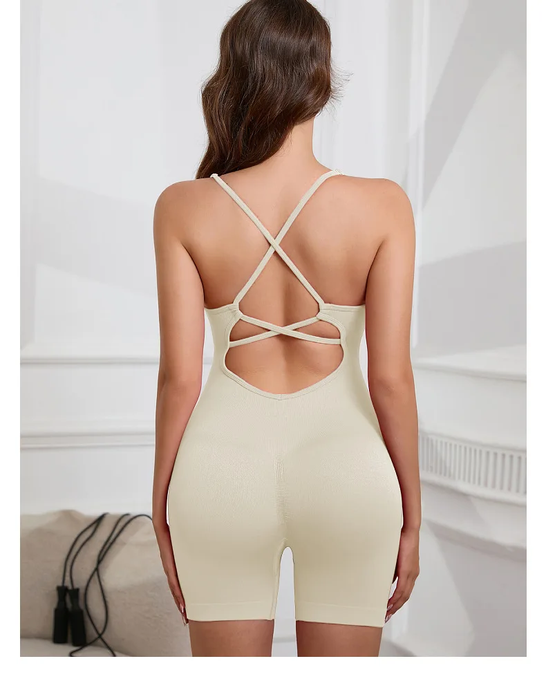 Sexy nahtloser pfirsichfarbener Hüft-Yoga-Overall – schnell trocknender, dehnbarer Strickstoff, abnehmbare Polster, gestreiftes Design, schmale Passform für Frauen – Detail 6