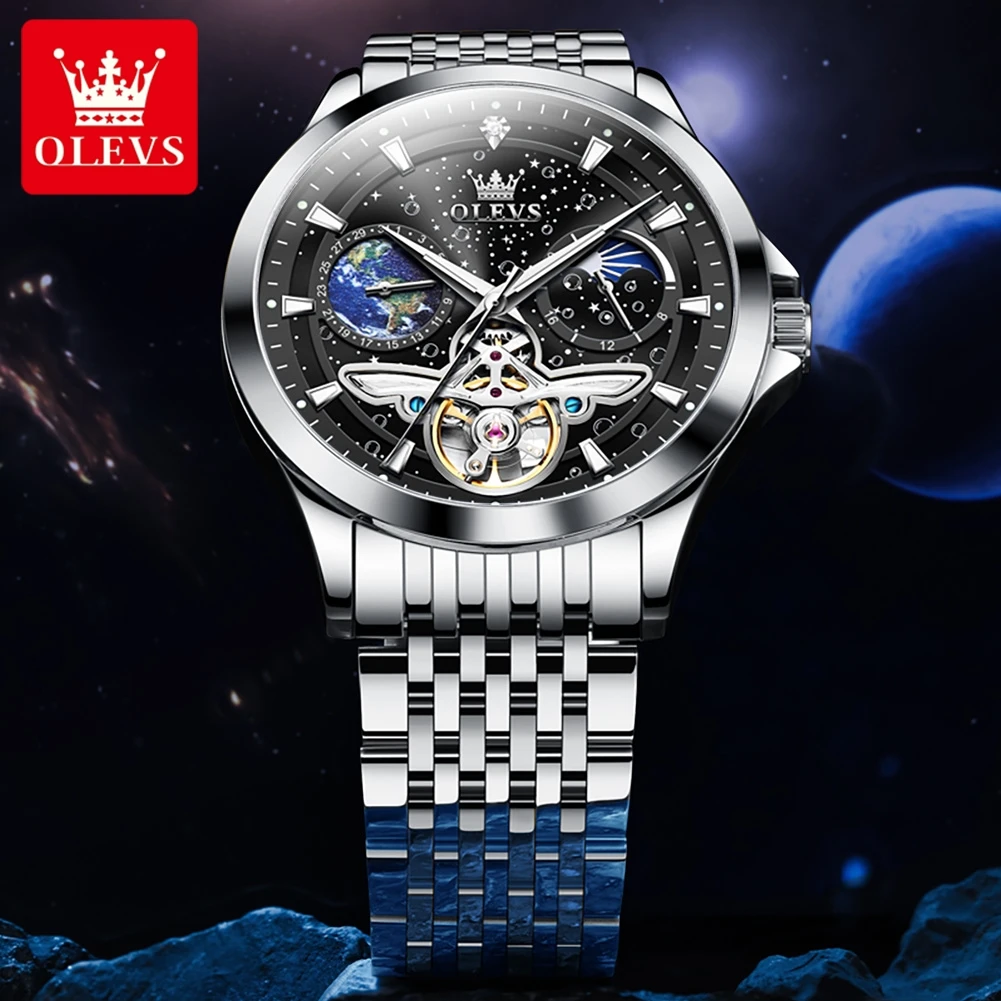 OLEVS 6705 Mens Mechanical Watch Luxury Original Flywheel Automatic Watch Waterproof Moon Phase Luminous Sports Watches