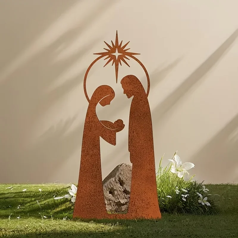 Nativity Scene Garden Decoration Floor Insertion, Retro Metal Garden Decoration Ornament, Christmas Garden Artwork