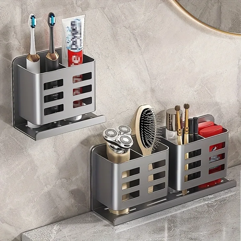 Rostfreier Aluminium-Badezimmer-Organizer Wandmontierter Zahnbürstenhalter für Zahnpasta, Kamm, Rasierer Moderne Aufbewahrung
