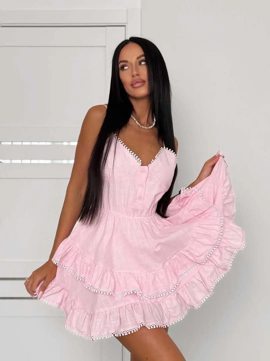 

Women's Solid Color Mini Dress Spaghetti Strap V-Neck Button Tiered Ruffle Hem Stylish Sweet Casual Summer New Lady Dress