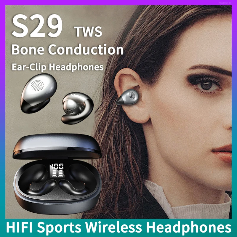 S29 Bone Conduction Concept Bluetooth Earphones Ear Clip Earring Wireless Headphones HiFi Music With Mic Headsets Sports Earbuds