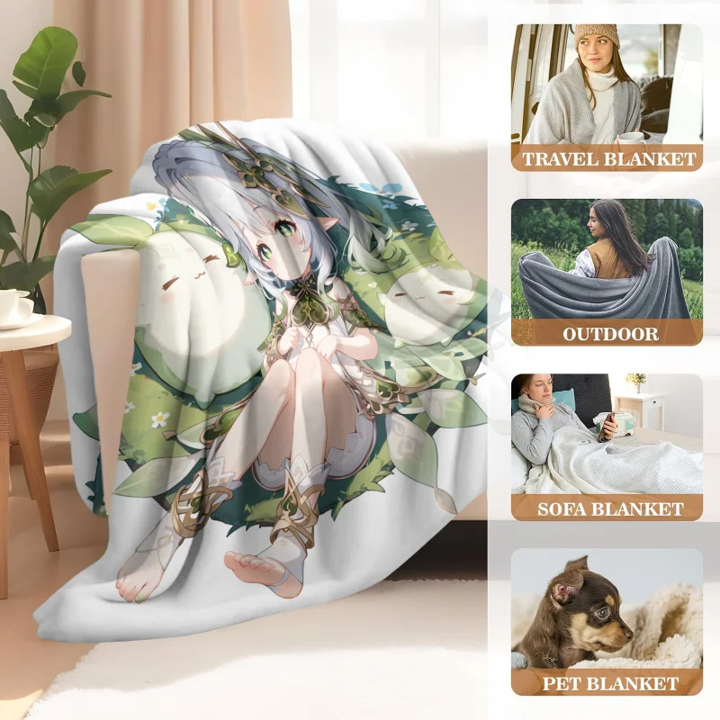 Anime Style Flannel Fleece Blanket for Nap, Custom Printed Soft Plush Throw, Cute Green Hair Character Design