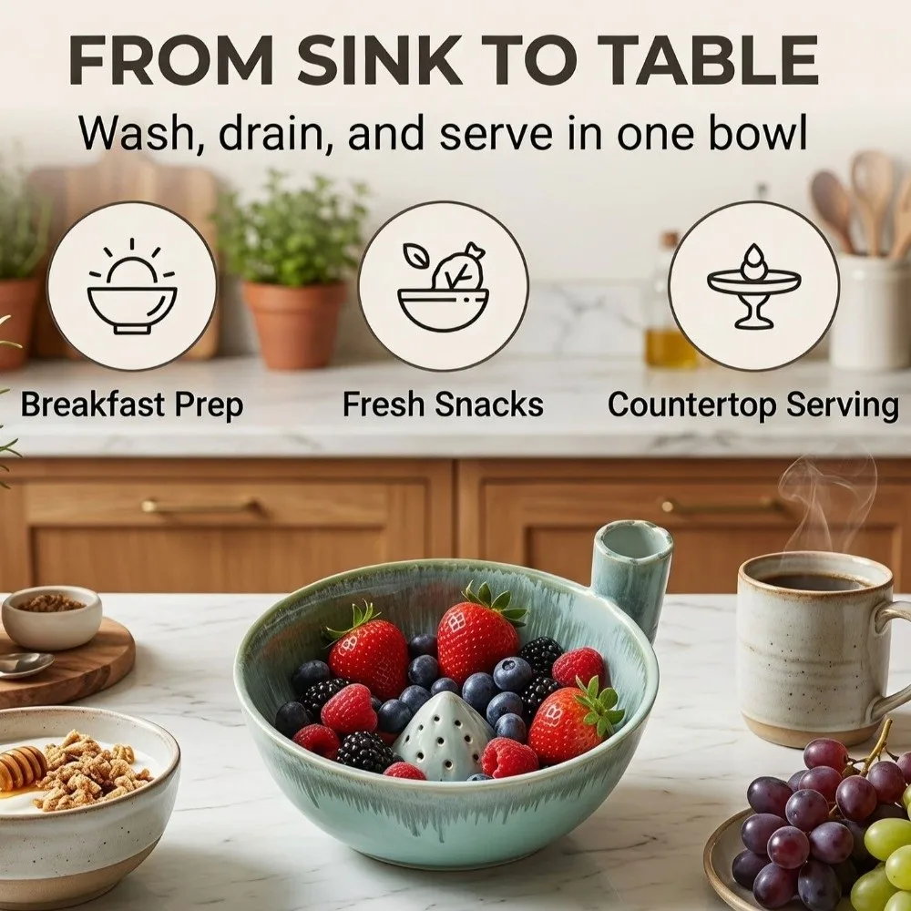 Ceramic Automatic Fruit Washer Bowl Vortex-Style Auto-Rinse Fruit Cleaning Bowl Quick Drain Self-Spinning Vegetable Colander