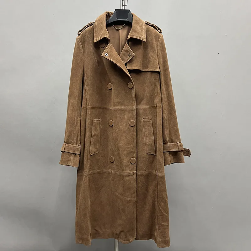 Veste longue ceinturée en cuir de vachette véritable pour dames de bureau, coupe-vent, manteau long, pardessus en daim de luxe, automne, hiver, 100%