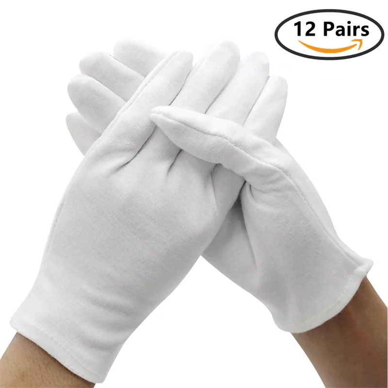 12Pairs White Cotton Work Gloves for Dry Hands Ceremonial Handling Film Jewelry Silver Inspection Gloves Household Cleaning Tool