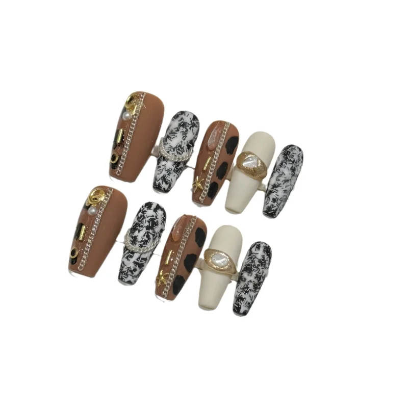 

Pure handmade nail piece whitening metal magic mirror powder niche matte caramel leopard print wearing armor