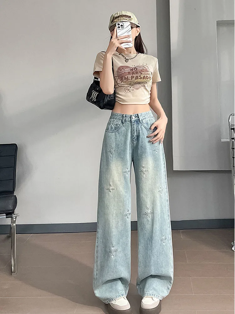 Embroidery Wide-leg Jeans Heavy Industry Women Streetwear American Vintage Do old Washed Y2k Baggy Pants